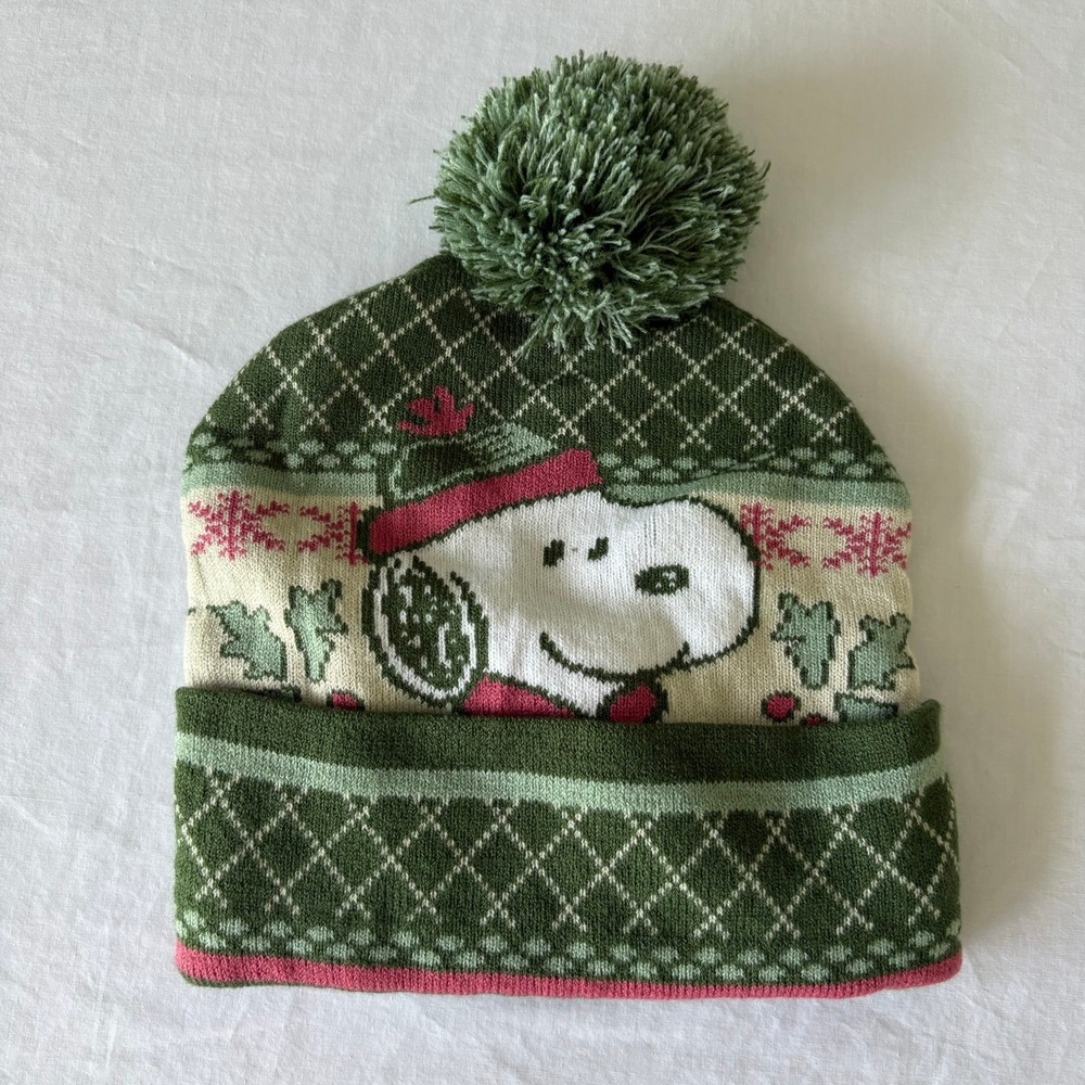 Peanuts Snoopy Holiday Fair Isle Knit Beanie Green Winter Pom Pom Hat